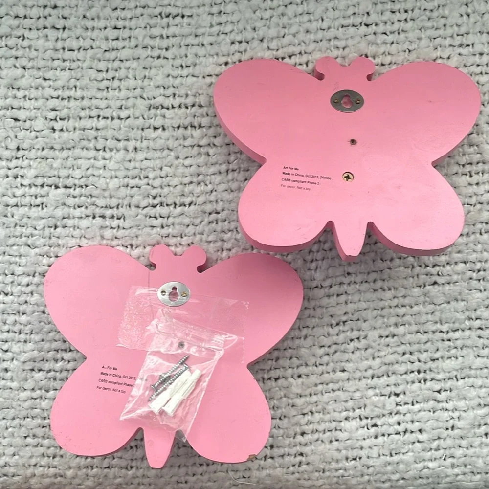 Pair decorative wall hooks - pink butterflies